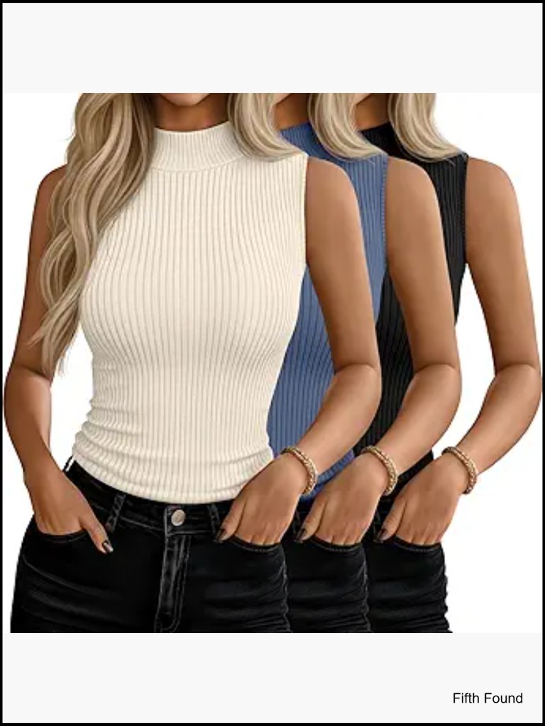 3 Pack Women's Sleeveless Mock Turtleneck Tank Tops Ribbed Fitted Tees